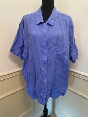 Vintage Hot Cotton by Marc Ware Blue Linen Boxy Button Front Shirt Short Sleeve